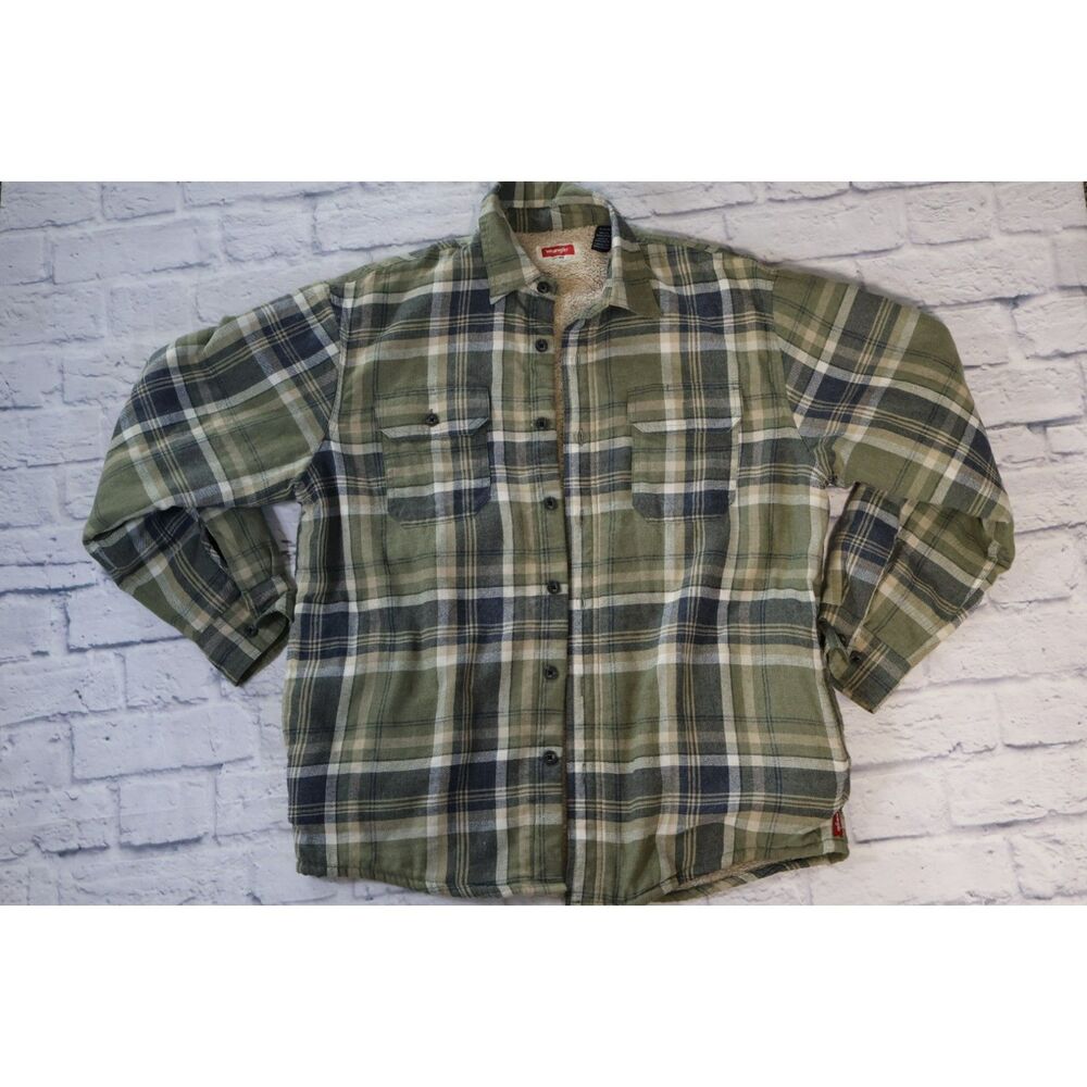 Wrangler Men's Sherpa Lined Heavyweight Flannel Shirt Jacket-Green Plaid Size M